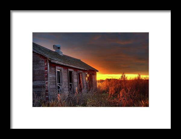 Abandoned Sunrise Chicken Coop Forgotten Golden Farm Farming Vintage Nd Rural Glowing Sunset Framed Print featuring the photograph Chicken Coop Sunrise - Abandoned Stensby Homestead in ND by Peter Herman