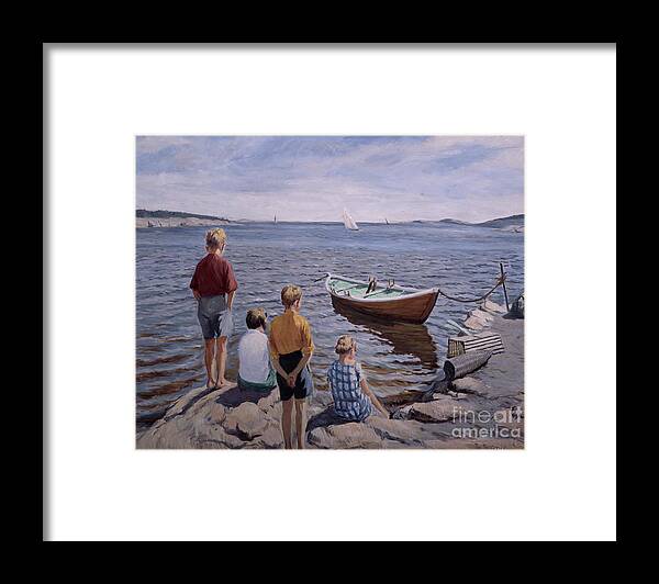 Quay Framed Print featuring the painting Children at the quay by O Vaering