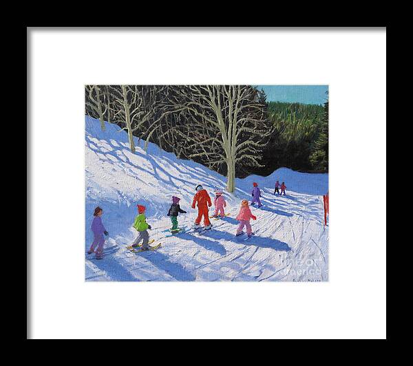White Framed Print featuring the painting Childrens ski lesson, Courchevel to La Tania by Andrew Macara