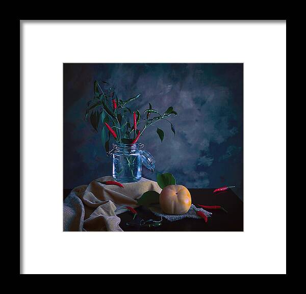 Red Framed Print featuring the photograph Chili & Persimmon by Fangping Zhou