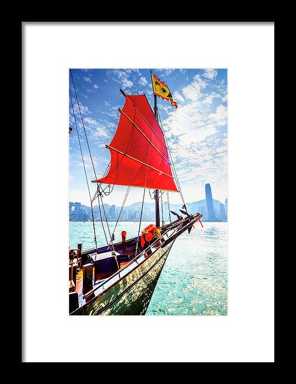 Estock Framed Print featuring the digital art China, Hong Kong, Hong Kong Island, Victoria Harbor, Aqua Luna Junk In Victoria Harbor by Maurizio Rellini