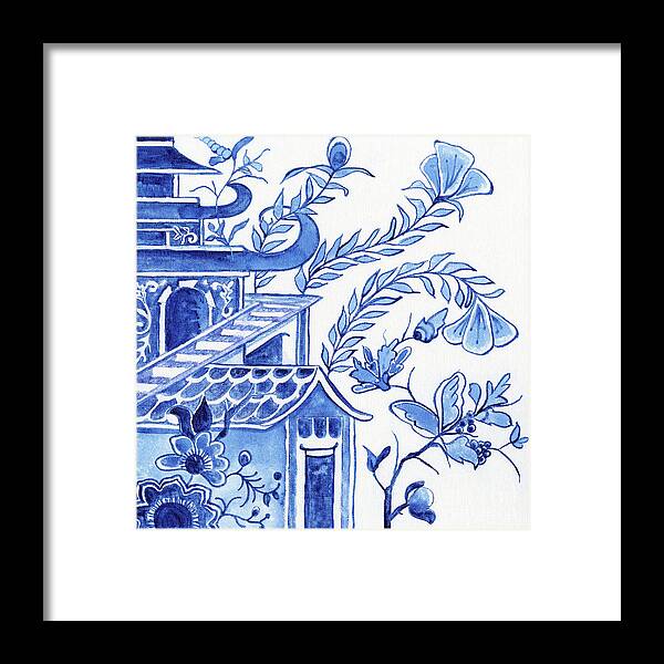 Chinoiserie Framed Print featuring the painting Chinoiserie Blue and White Pagoda Floral 1 by Audrey Jeanne Roberts