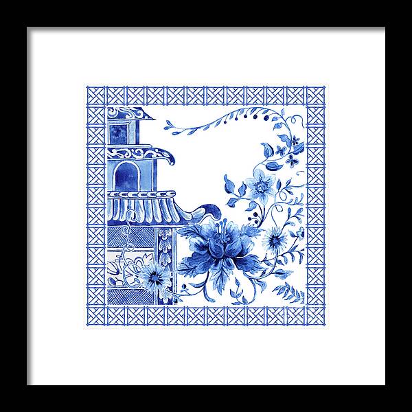 Chinese Framed Print featuring the painting Chinoiserie Blue and White Pagoda with Stylized Flowers and Chinese Chippendale Border by Audrey Jeanne Roberts