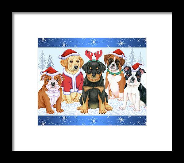 Christmas Pups Framed Print featuring the mixed media Christmas Pups by Tomoyo Pitcher