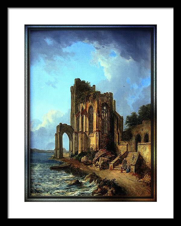 Church Ruins By The Sea Framed Print featuring the painting Church Ruins By The Sea by Domenico Quaglio the Younger by Rolando Burbon
