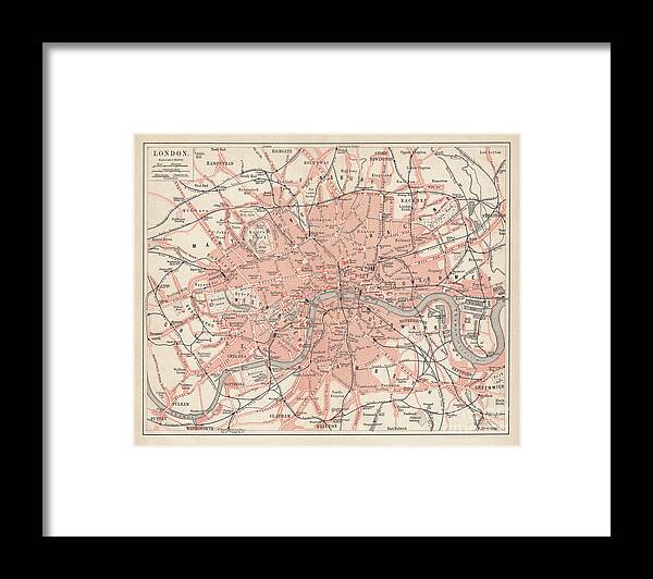 Downtown District Framed Print featuring the digital art City Map Of London, Lithograph by Zu 09