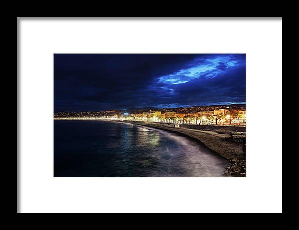 Nice Framed Print featuring the photograph City of Nice Skyline at Night in France by Artur Bogacki