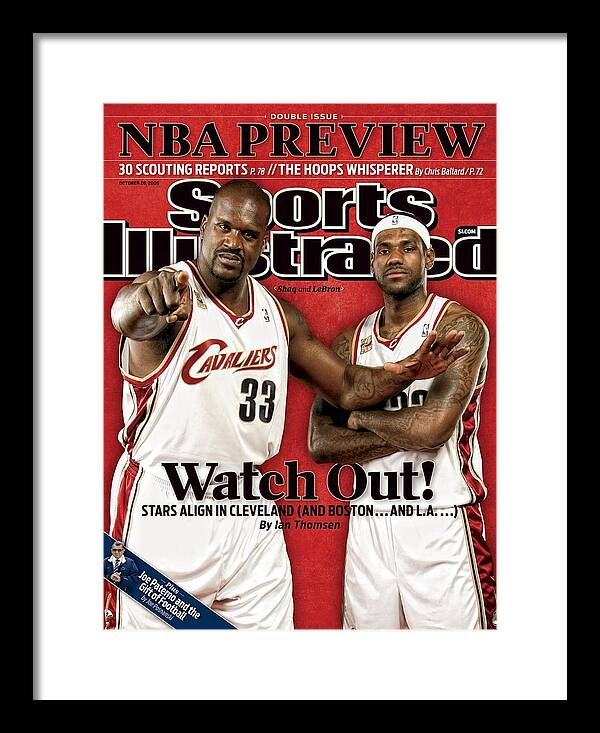Media Day Framed Print featuring the photograph Cleveland Cavaliers Shaquille Oneal And LeBron James Sports Illustrated Cover by Sports Illustrated