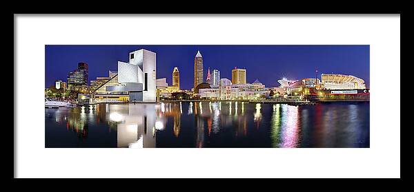 Cleveland Skyline Framed Print featuring the photograph Cleveland Skyline at Dusk Rock Roll Hall Fame by Jon Holiday