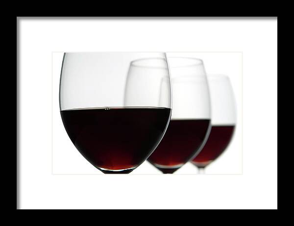 Alcohol Framed Print featuring the photograph Close-up Of Three Red Wine Glasses by Domin domin