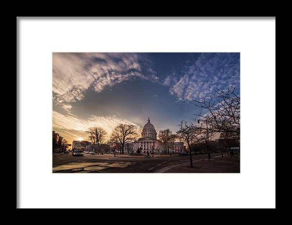 Wi Wisconsin Capitol Sunset Golden Scenic Arch Landscape Dane Government State Bus Bike Sky Clouds Skyscape Framed Print featuring the photograph Cloud Dome above WI Capitol Dome - Wisconsin State Capitol at sunset by Peter Herman