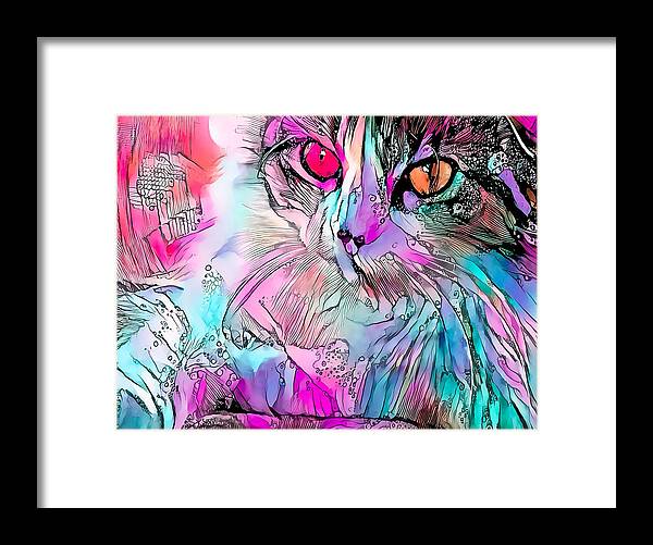 Watercolor Framed Print featuring the digital art Colorful Content Cat Wild Eyes by Don Northup