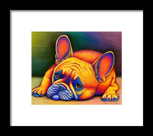 French Bulldog Framed Print featuring the drawing Daydreamer - Colorful French Bulldog by Rebecca Wang
