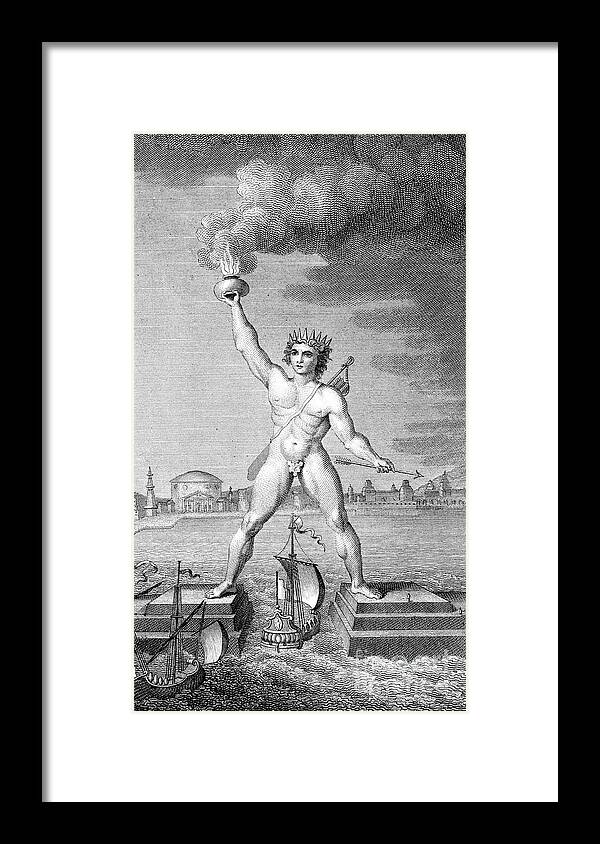 Engraving Framed Print featuring the drawing Colossus Of Rhodes by Print Collector