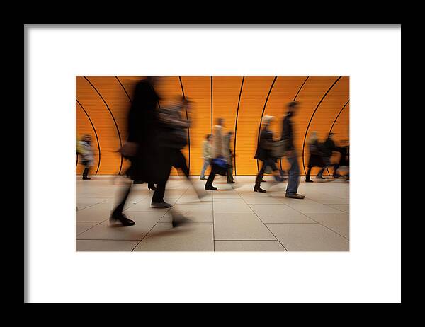 Crowd Framed Print featuring the photograph Commuters On Modern Subway With Orange by Sebastian-julian