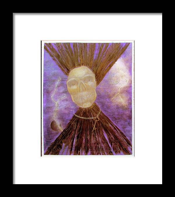 Obsidian Skull Framed Print featuring the painting Compelling Communications with a Large Golden Obsidian Skull by Feather Redfox