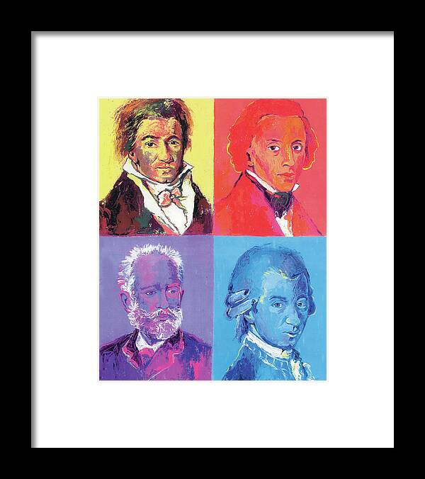 Composers In Different Coloured Blocks Framed Print featuring the painting Composers by Richard Wallich