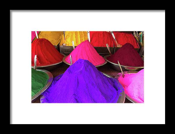 Purple Framed Print featuring the photograph Conical Piles Of Kumkum Coloured Powder by Heather Elton / Design Pics