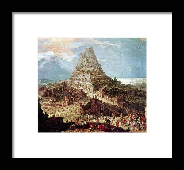 Construction Of The Tower Of Babel Oil On Copper Framed Print featuring the painting Construction Of The Tower Of Babel Oil On Copper by Hendrick Van Cleve