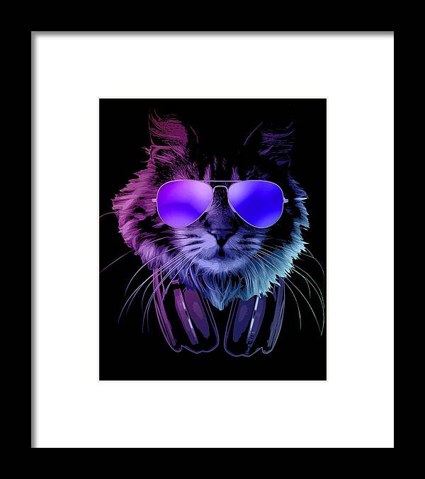Cat Framed Print featuring the digital art Cool DJ Furry Cat In Neon Lights by Filip Schpindel