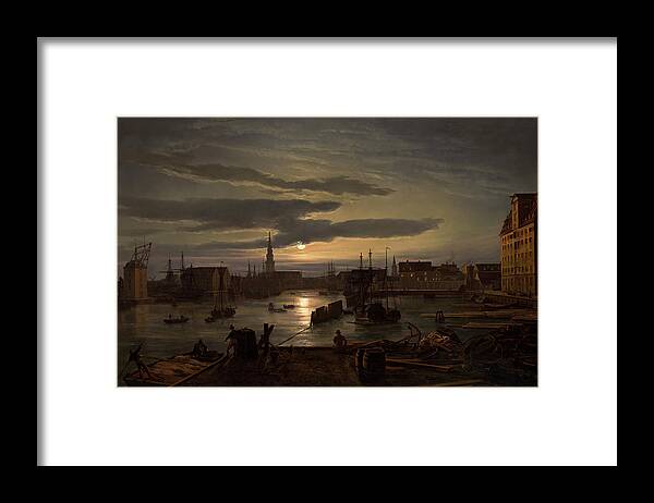 Ship Framed Print featuring the painting Copenhagen Harbor by Moonlight                         by Johan Christian Dahl