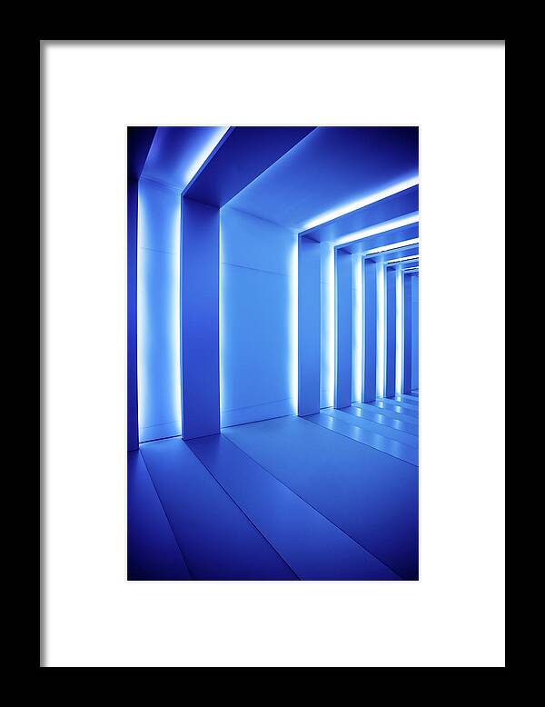 Empty Framed Print featuring the photograph Corridor With Blue Columns by Nikada
