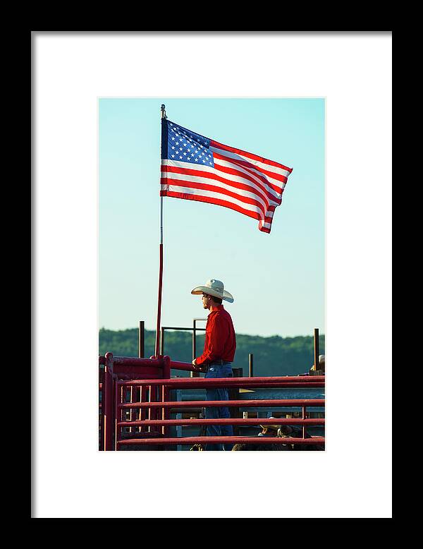 Americanflag Framed Print featuring the photograph Cowboy and American Flag by Dennis Dame