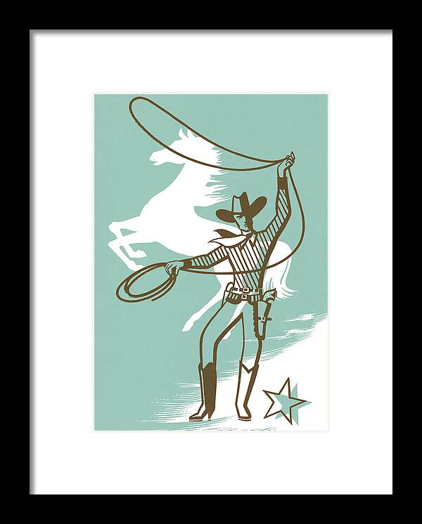 Accessories Framed Print featuring the drawing Cowboy With Lasso & Horse by CSA Images