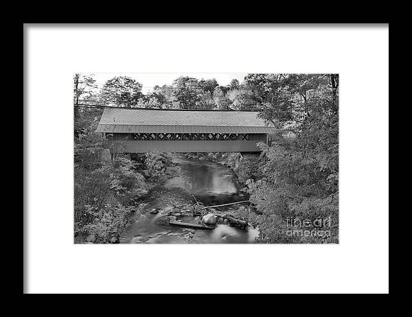 Creamery Covered Bridge Framed Print featuring the photograph Creamery Covered Bridge Fall Foliage Black And White by Adam Jewell