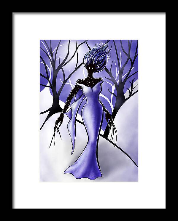 Creepy Framed Print featuring the mixed media Creepy Woman In Snowy Night Forest by Boriana Giormova