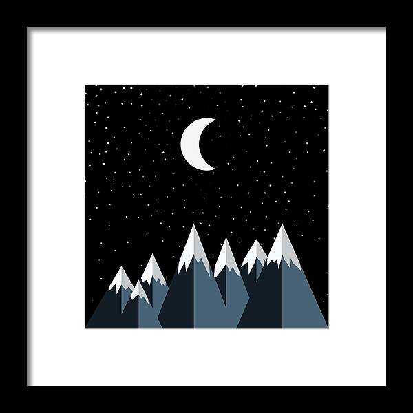 Rocky Framed Print featuring the digital art Crescent Moon and Snow Capped Mountains by Pelo Blanco Photo