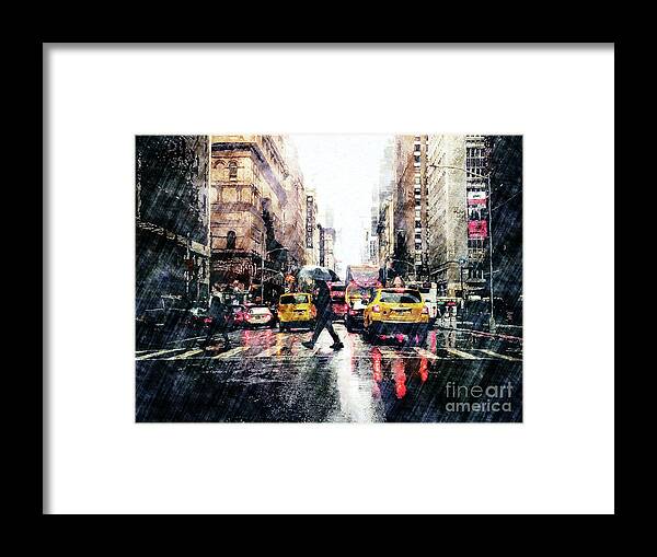 Urban Framed Print featuring the digital art Crossing Street With Umbrella by Phil Perkins