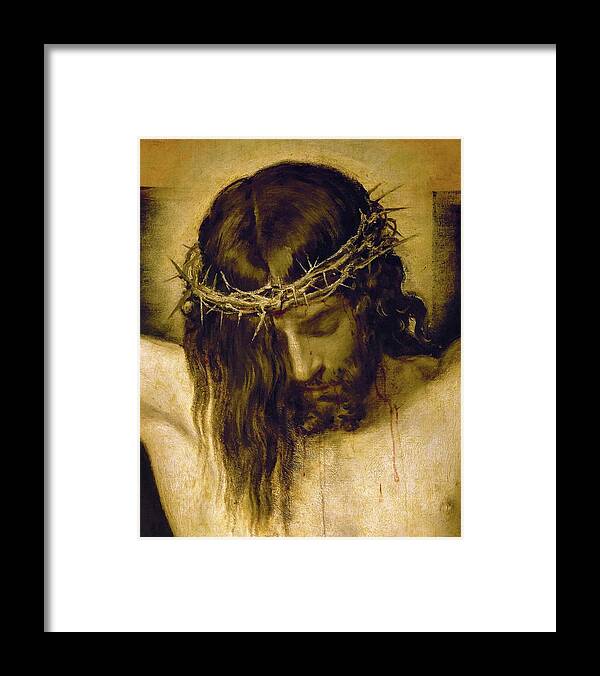 Cristo Crucificado Framed Print featuring the painting Crucified Christ -detail of the head-. Cristo crucificado. Madrid, Prado museum. DIEGO VELAZQUEZ . by Diego Velazquez -1599-1660-