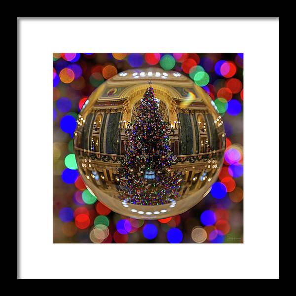 Christmas Tree Glass Sphere Crystal Decorations Lights Colors Wi Wisconsin State Capitol Rotunda Abstract Square Red Green Blue Holiday Yule Pillow Framed Print featuring the photograph Crystal Christmas Tree - WI State Capitol Christmas Tree through Glass Globe by Peter Herman
