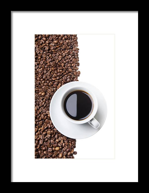 White Background Framed Print featuring the photograph Cup Of Coffee On Beans On Half by Digihelion