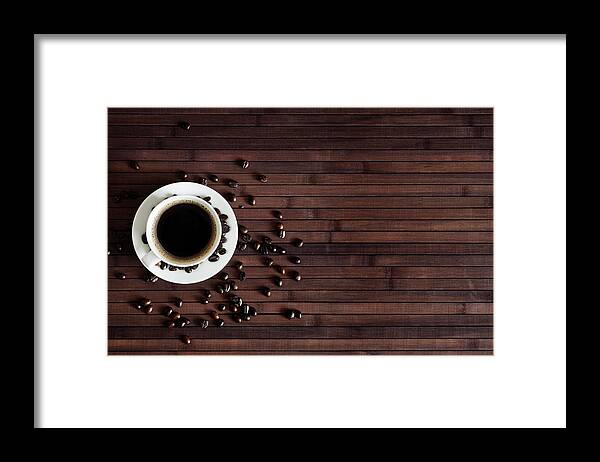 Breakfast Framed Print featuring the photograph Cup Of Fresh Coffee On Dark Wood by Sankai