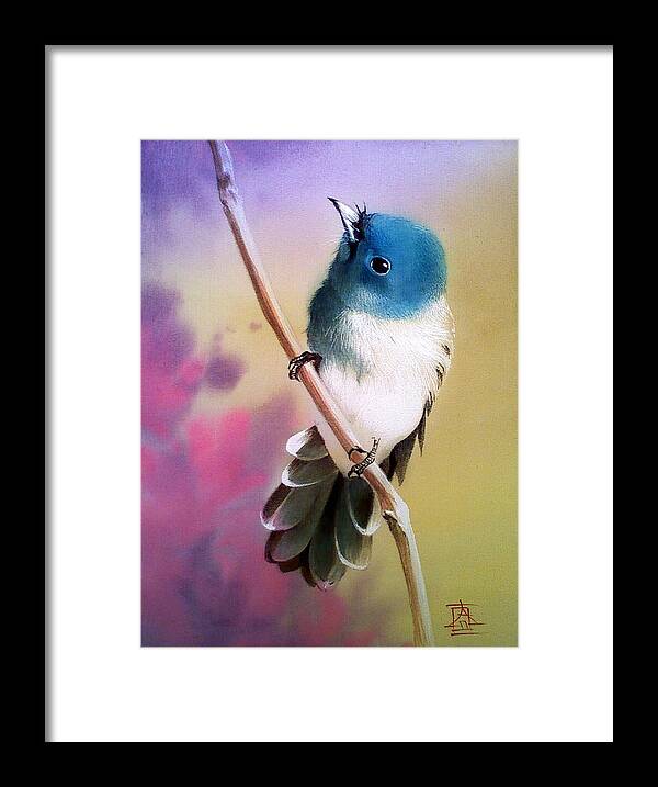 Russian Artists New Wave Framed Print featuring the painting Curious Birdie on Branch by Alina Oseeva
