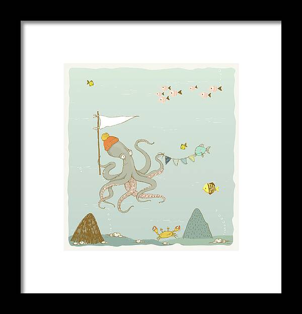 Octopus Framed Print featuring the painting Cute Octopus whimsical Art for Kids by Matthias Hauser