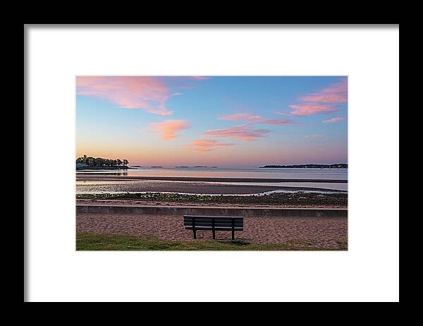 Beverly Framed Print featuring the photograph Dane Street Beach in Beverly MA Morning Light Red Clouds Bench by Toby McGuire