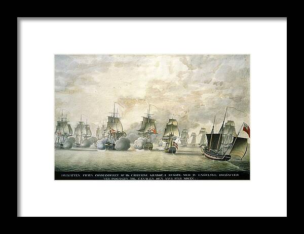 Barge Framed Print featuring the painting Danish Frigate Freya under Captain Krabbe attacks English ships 25.7.1800. by Album