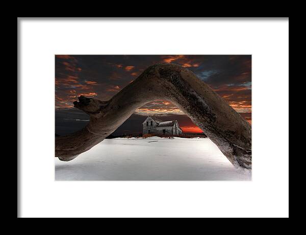 Abandoned Farm Farmstead Deadwood Frozen Tree Ice Snow Winter Cold Blue Scenic Landscape Prairie Winter Freezing Sunset Sunrise Arch Devils Lake Frost Desolate Deserted Framed Print featuring the photograph Deadwood Arch Above Abandoned Farm #2 by Peter Herman