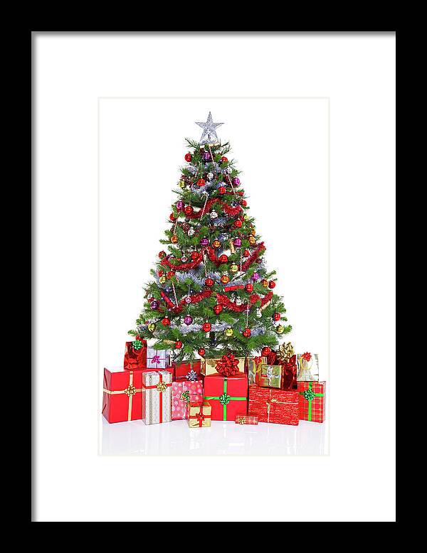 White Background Framed Print featuring the photograph Decorated Christmas Tree And Presents by Rtimages