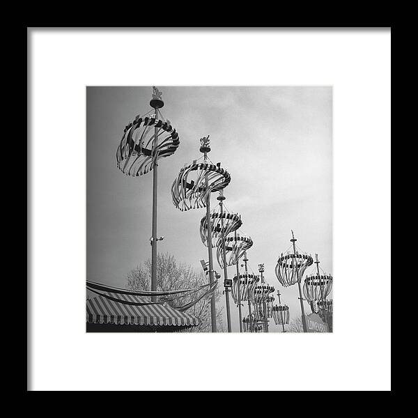 Pole Framed Print featuring the photograph Decorations On Poles , B&w, High Section by George Marks