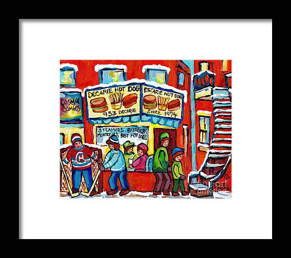 Montreal Framed Print featuring the painting Delicious Decarie Hot Dog Ville St Laurent Famous Fast Food Eatery C Spandau Montreal Hockey Art   by Carole Spandau