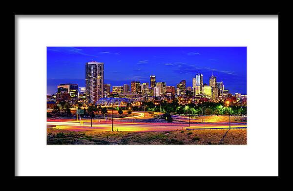America Framed Print featuring the photograph Denver Skyline and Speer Boulevard Bridge Panorama by Gregory Ballos