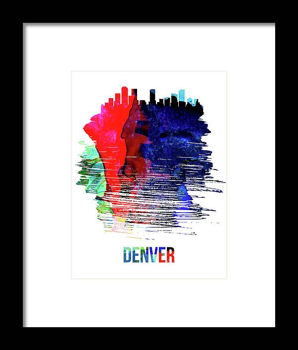 Denver Framed Print featuring the mixed media Denver Skyline Brush Stroke Watercolor  by Naxart Studio