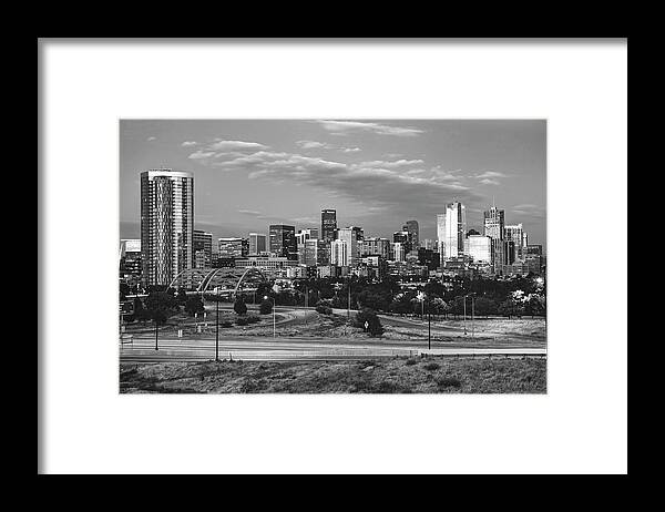 America Framed Print featuring the photograph Denver Skyline Morning View in Black and White by Gregory Ballos