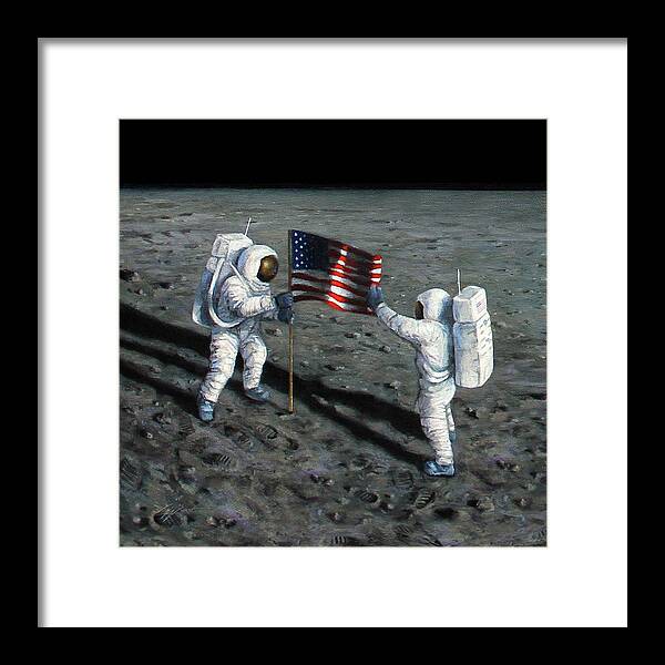 Astronauts Framed Print featuring the mixed media Deploying The Flag by Lucy West