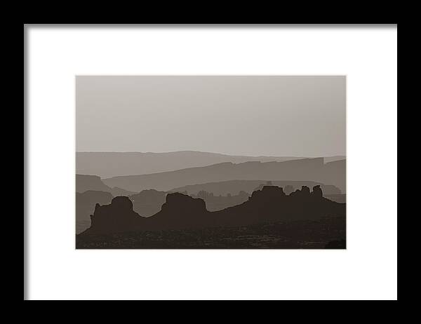 America Framed Print featuring the photograph Desert Mountain Layers - Sepia Minimalism by Gregory Ballos