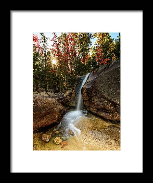 Waterfall; New Hampshire; New England; Diana's Baths; Fall; Falls; Sunstar; Trees; Sunrise; Long Exposure; Motion; Rocks; Flow; Mood; Autumn; Leaves; Colors; Rob Davies; Photography Framed Print featuring the photograph Diana's Baths by Rob Davies